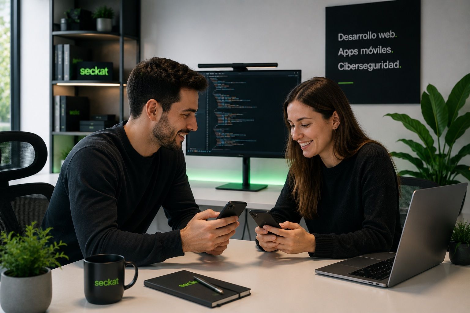 Dos personas revisando una aplicación móvil en la oficina de Seckat