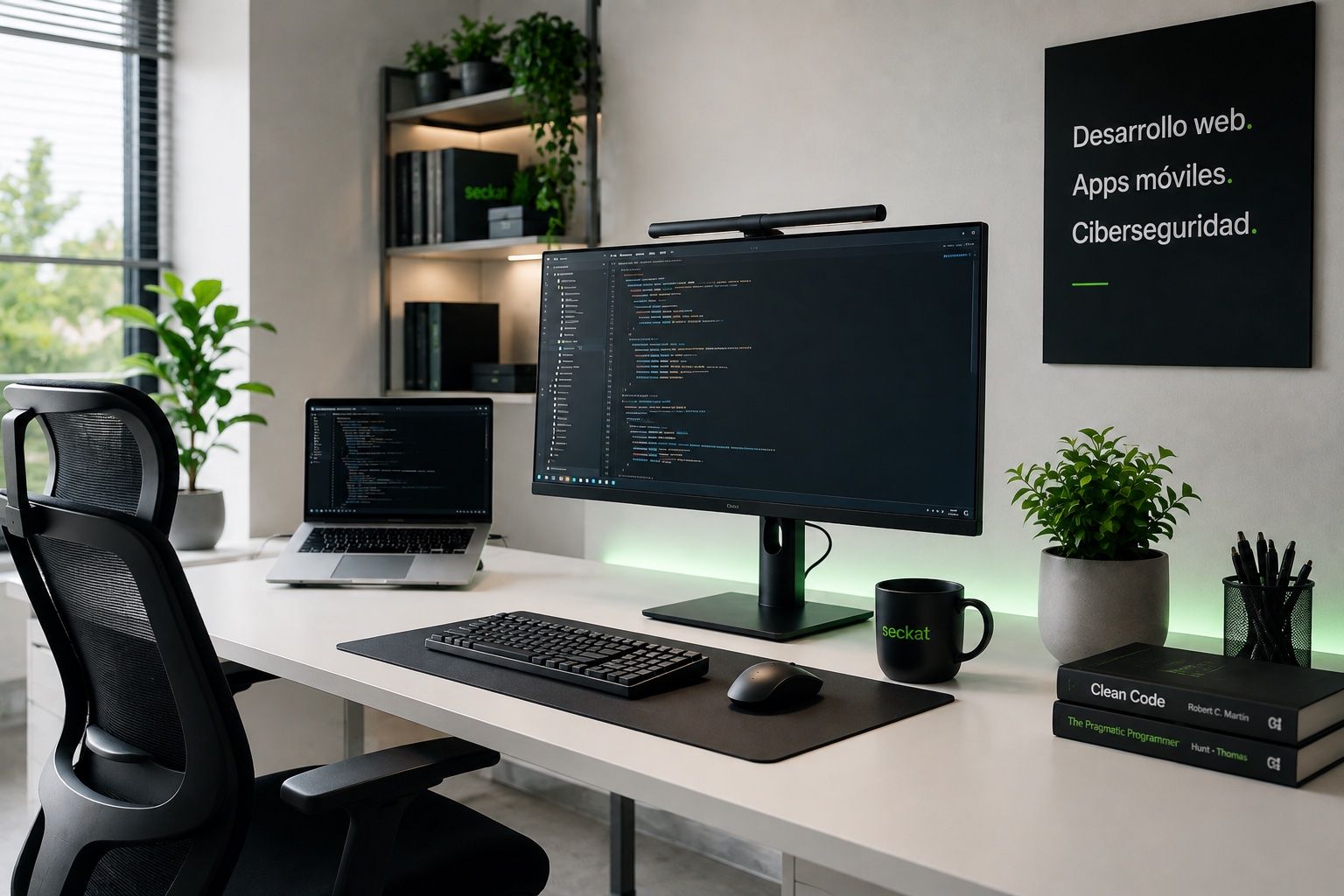 Puesto de trabajo de Seckat con un monitor mostrando código y un cartel de desarrollo web, apps móviles y ciberseguridad